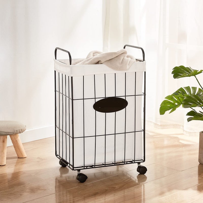 INDIAN DECOR 2180 Classic Metal Wire Laundry Rack With Lockable Wheels, Laundry Storage Basket with Handles, Detachable Liner Dirty Laundry Cart Sorter Clothes Basket Organizer (23.6 inches) - Black - Image 3