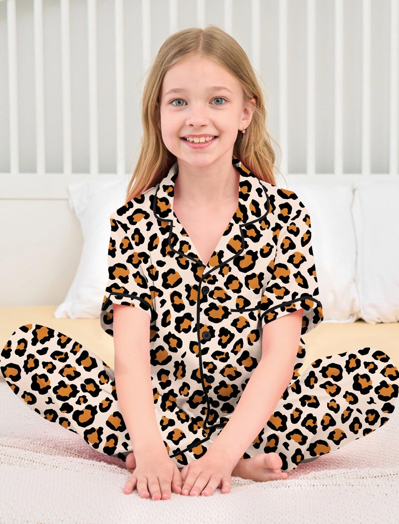 Mikrdoo Girls Pajamas Satin 2Pcs: Summer Sleepwear Button Down Loungewear for Kids, Brown Leopard, 11-12 Years - Image 2