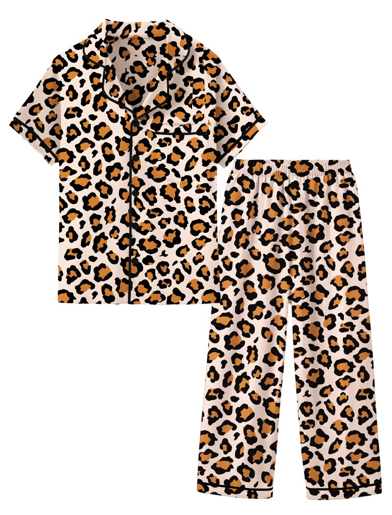 Mikrdoo Girls Pajamas Satin 2Pcs: Summer Sleepwear Button Down Loungewear for Kids, Brown Leopard, 11-12 Years - Image 1