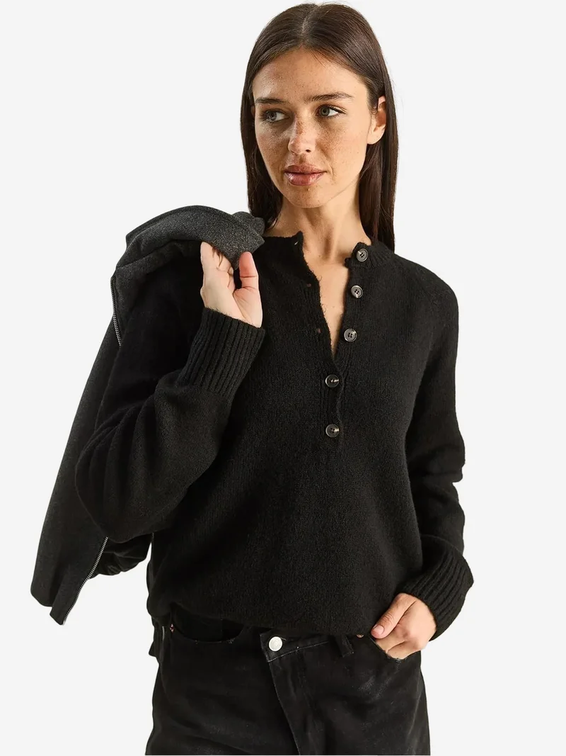Bianco Lucci LUCCI Relaxed Fit Button Collar Knit Sweater