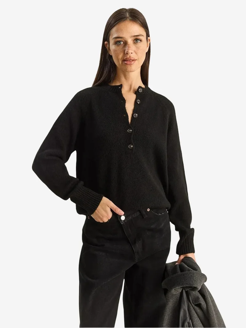 Bianco Lucci LUCCI Relaxed Fit Button Collar Knit Sweater