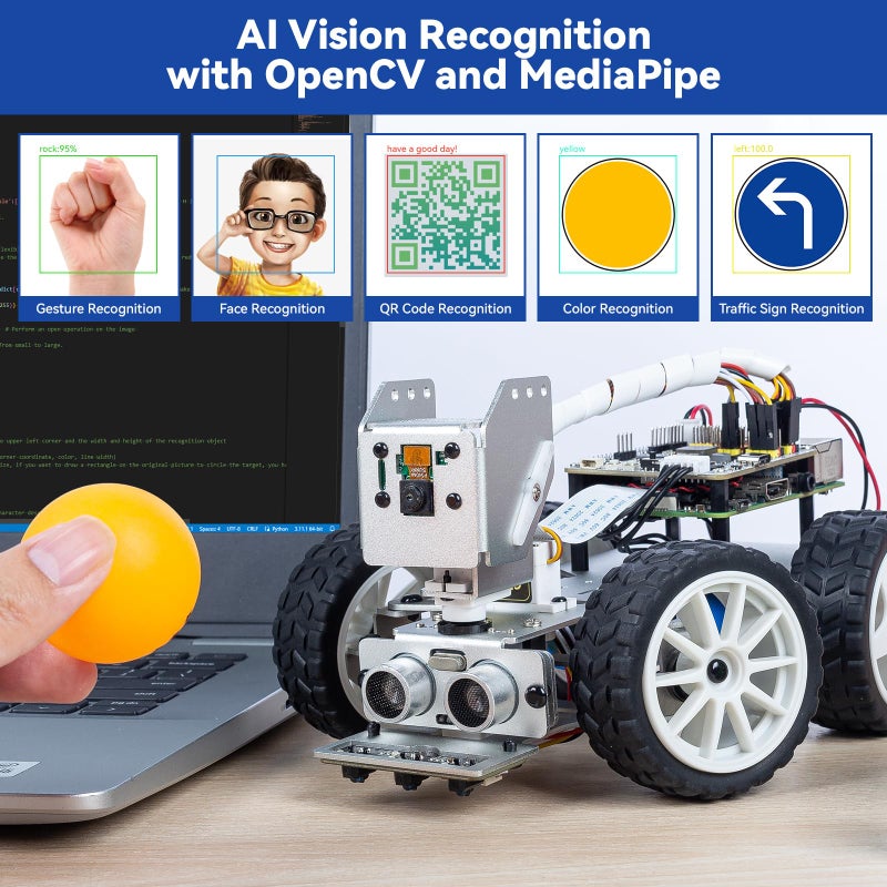 SunFounder Picar-X AI Video Robot Car Kit for Raspberry Pi 5/4/3B+/Zero 2w, LLMs ChatGPT-4o/Gemini/Grok, Voice&Video Recognition, Python, Scratch, Camera, Batterry (RPI NOT Included) - Image 5