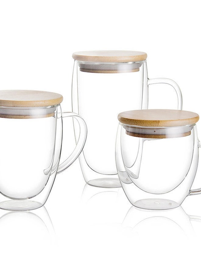 1CHASE Double Walled Coffee Cups With Handle Bamboo Lid Set - Image 1