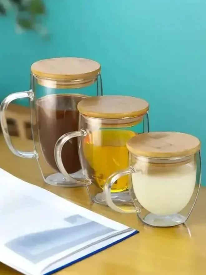 1 تشيس 1CHASE Double Walled Coffee Cups With Handle Bamboo Lid Set