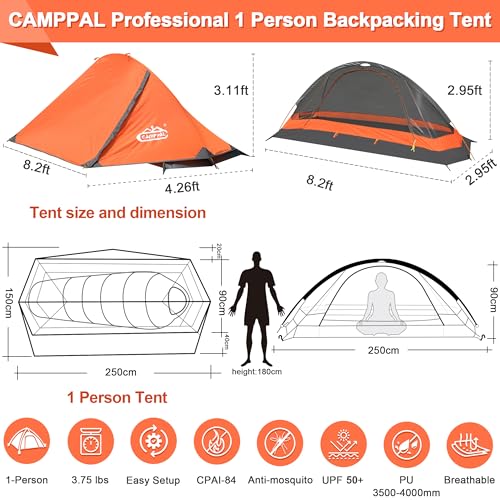 camppal 1 Person Tent for Camping Hiking Mountain Hunting Backpacking Tents 4 Season Resistance to Windproof Rainproof and Waterproof - Image 5