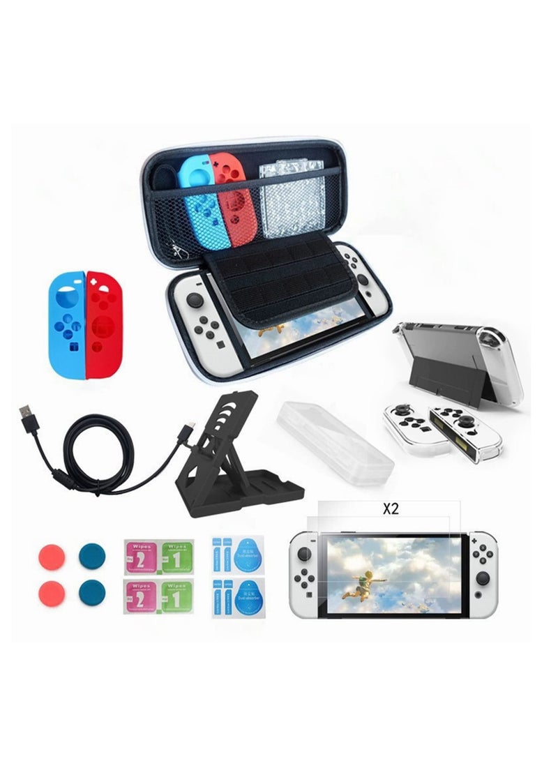 12 PCS Set, Carrying Case for Nintendo Switch OLED Console, Portable Travel Carry Case, Include Screen Protector, Protective Cover Case, Data Cable, Kickstand and Thumb Grip Caps - Image 1