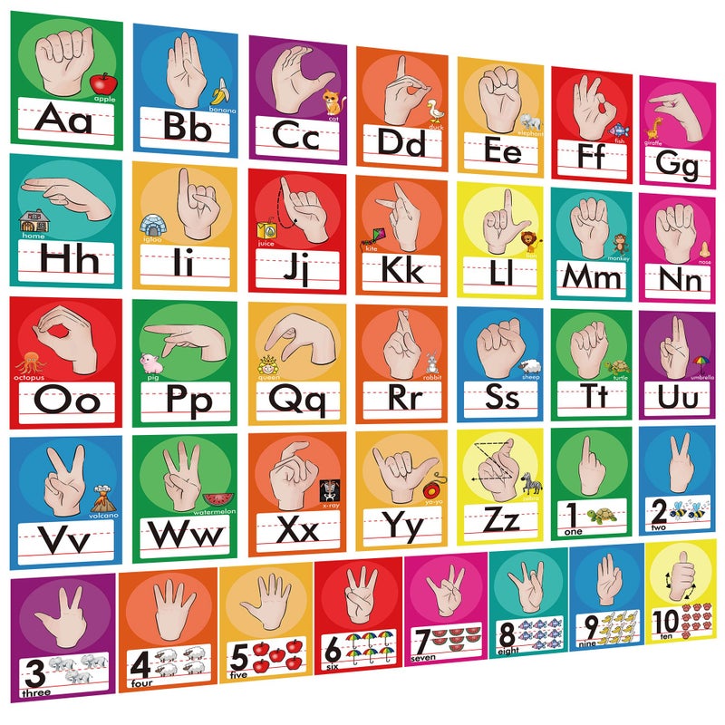 YIYDONG 36 Pieces ASL Alphabet Line Bulletin Board Set ABC Number Sign Language Flash Cards Wall Decorations for Pre-School Kindergarten Elementary Classroom Nursery Homeschool (Bright Colors) - Image 1
