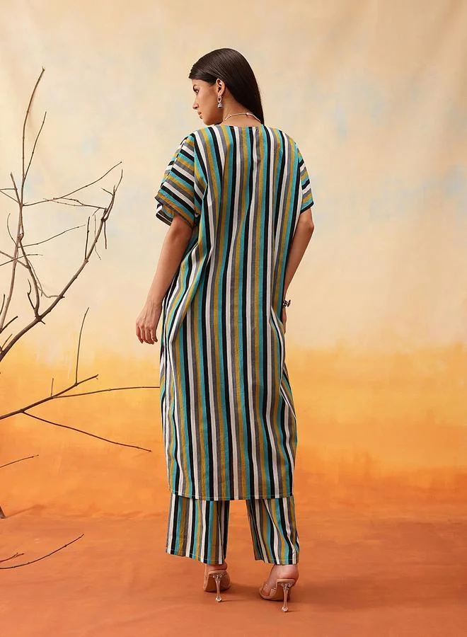 STREET 9 STREET 9 Striped Cotton Crop Top with Trousers and Shrug Co-Ords