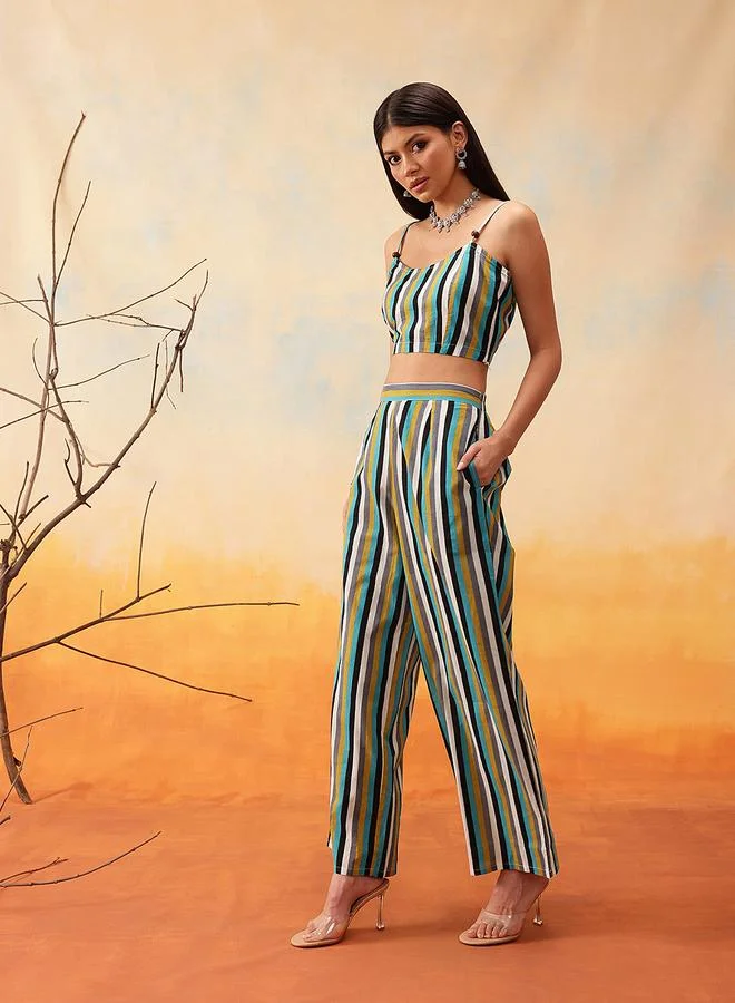 STREET 9 STREET 9 Striped Cotton Crop Top with Trousers and Shrug Co-Ords