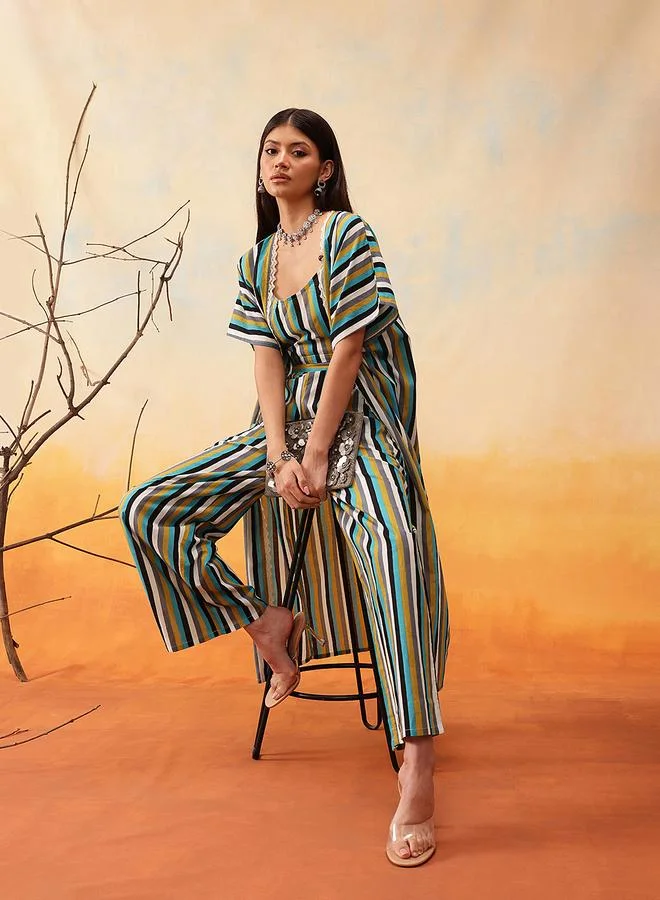 STREET 9 STREET 9 Striped Cotton Crop Top with Trousers and Shrug Co-Ords
