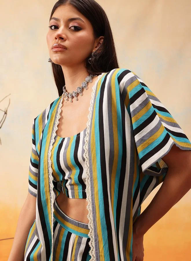 STREET 9 STREET 9 Striped Cotton Crop Top with Trousers and Shrug Co-Ords