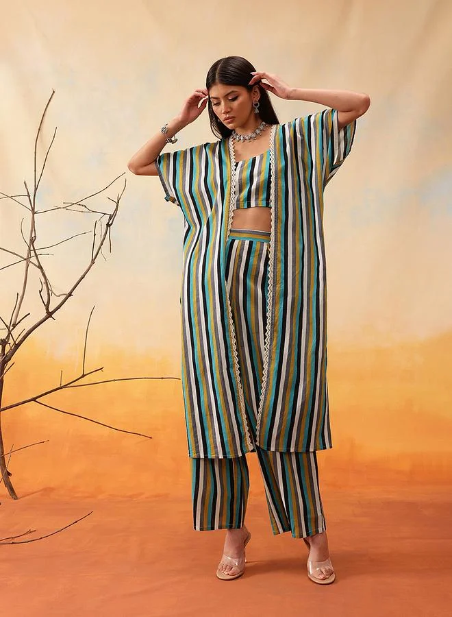 STREET 9 STREET 9 Striped Cotton Crop Top with Trousers and Shrug Co-Ords
