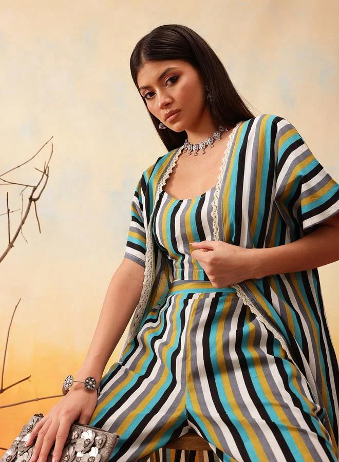 STREET 9 STREET 9 Striped Cotton Crop Top with Trousers and Shrug Co-Ords