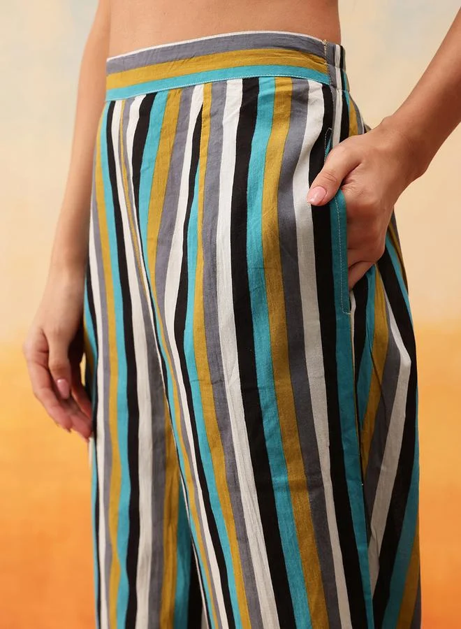 STREET 9 STREET 9 Striped Cotton Crop Top with Trousers and Shrug Co-Ords