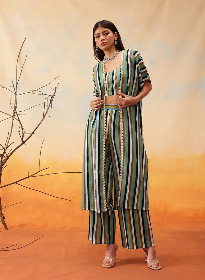 STREET 9 Striped Cotton Crop Top with Trousers and Shrug Co-Ords