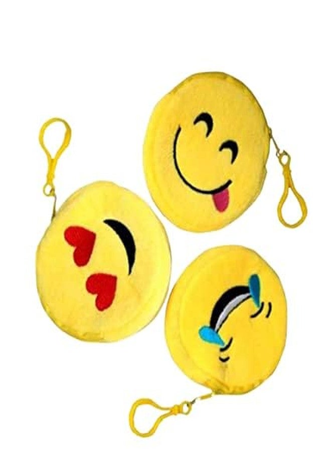 Skab Trendy Smiley Emoij Zipper Pouch Soft Stuffed Round Bag Coin Pouch Emoticons Smiley Wallet Purse for Girls Cute Coin Bag for Kids Boys,Girls, Women and Men (Yellow, Pack of 3) - Image 1