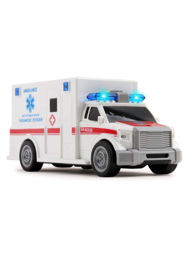 لعبة سيارة اسعاف انقاذ تعمل بالاحتكاك بمقياس 1:20 مع اضواء واصوات متينة للاطفال للنقل الطبي والطوارئ دفع وانطلاق للعب التظاهري هدية رائعة الاولاد والبنات ابيض - Image 1
