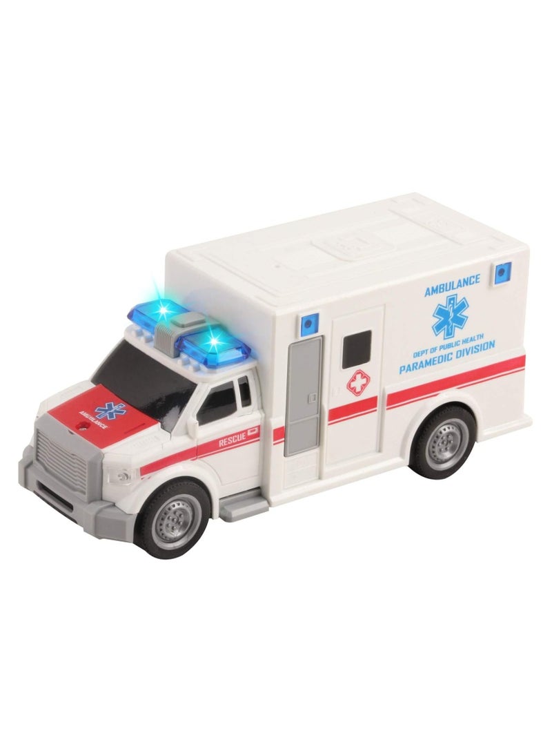 لعبة سيارة اسعاف انقاذ تعمل بالاحتكاك بمقياس 1:20 مع اضواء واصوات متينة للاطفال للنقل الطبي والطوارئ دفع وانطلاق للعب التظاهري هدية رائعة الاولاد والبنات ابيض - Image 5
