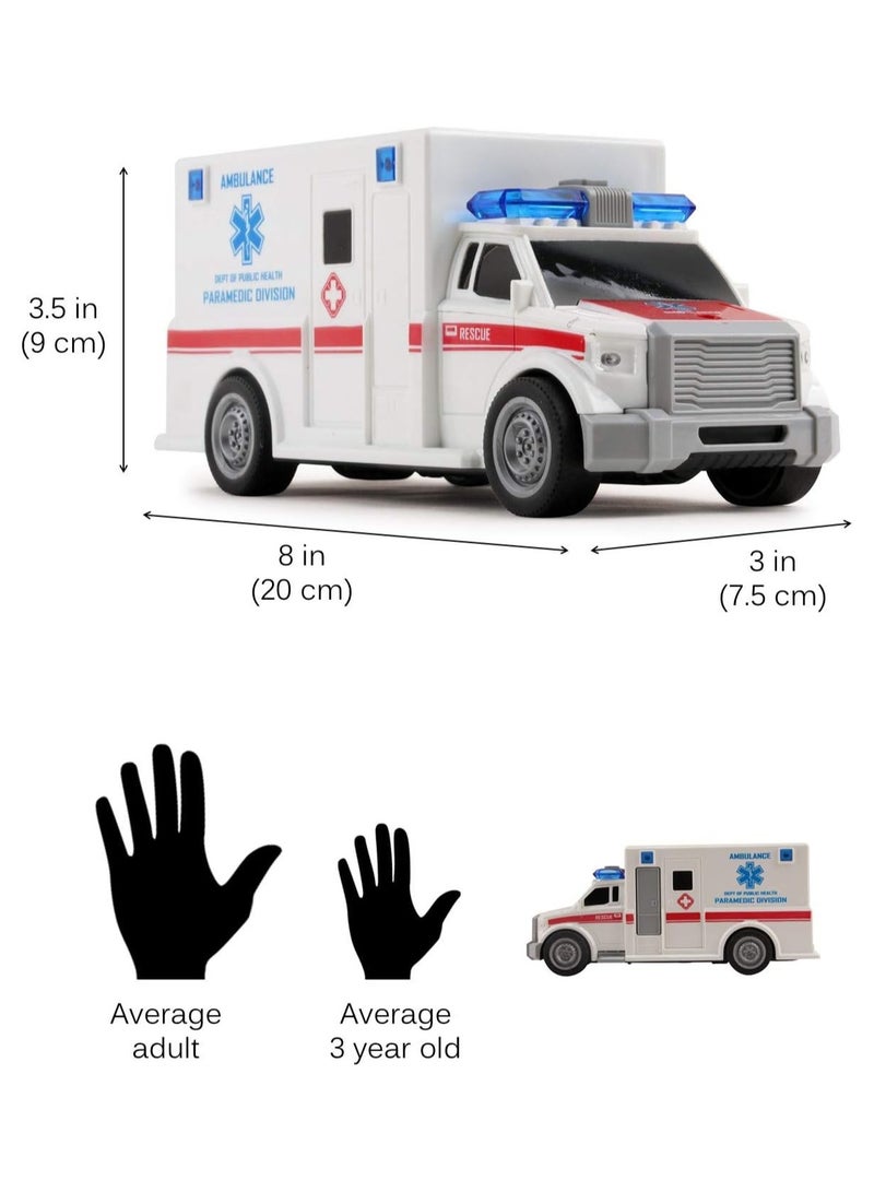 لعبة سيارة اسعاف انقاذ تعمل بالاحتكاك بمقياس 1:20 مع اضواء واصوات متينة للاطفال للنقل الطبي والطوارئ دفع وانطلاق للعب التظاهري هدية رائعة الاولاد والبنات ابيض - Image 2