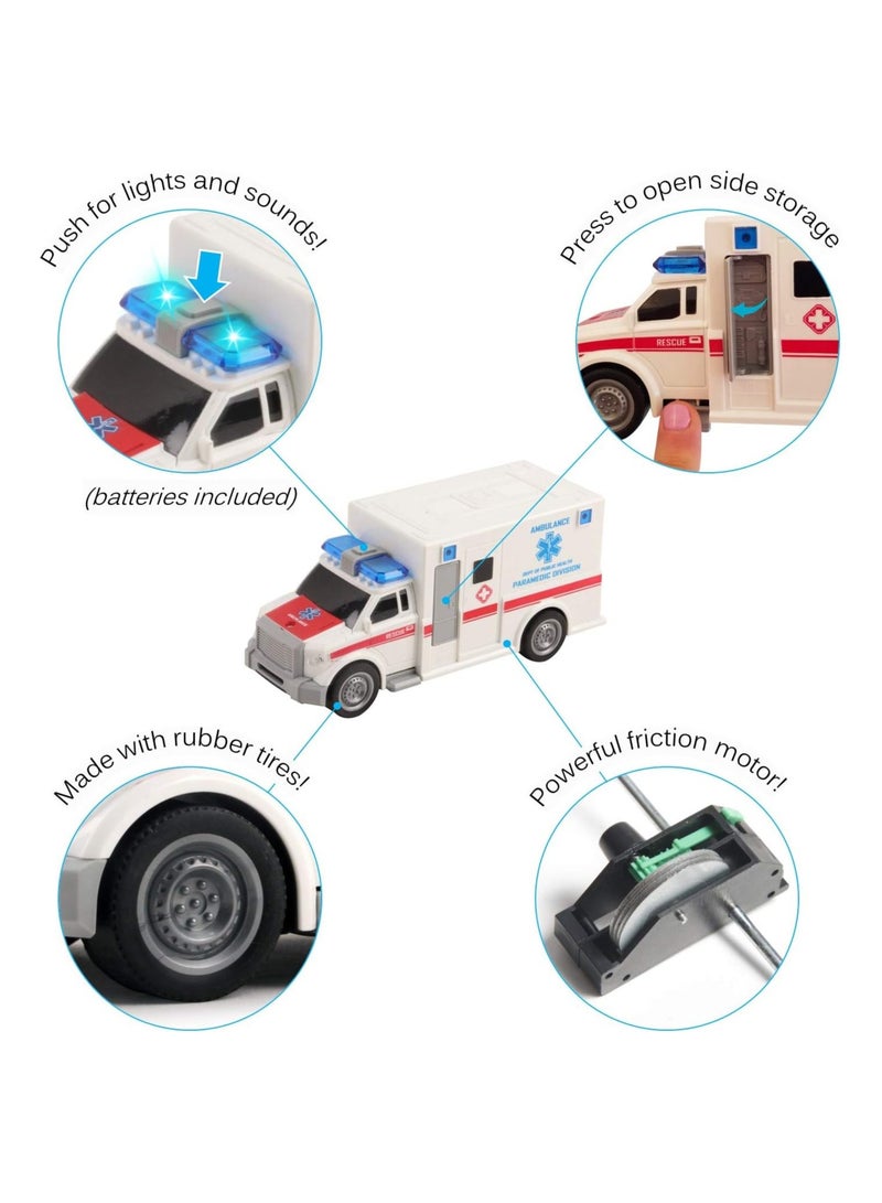 لعبة سيارة اسعاف انقاذ تعمل بالاحتكاك بمقياس 1:20 مع اضواء واصوات متينة للاطفال للنقل الطبي والطوارئ دفع وانطلاق للعب التظاهري هدية رائعة الاولاد والبنات ابيض - Image 4