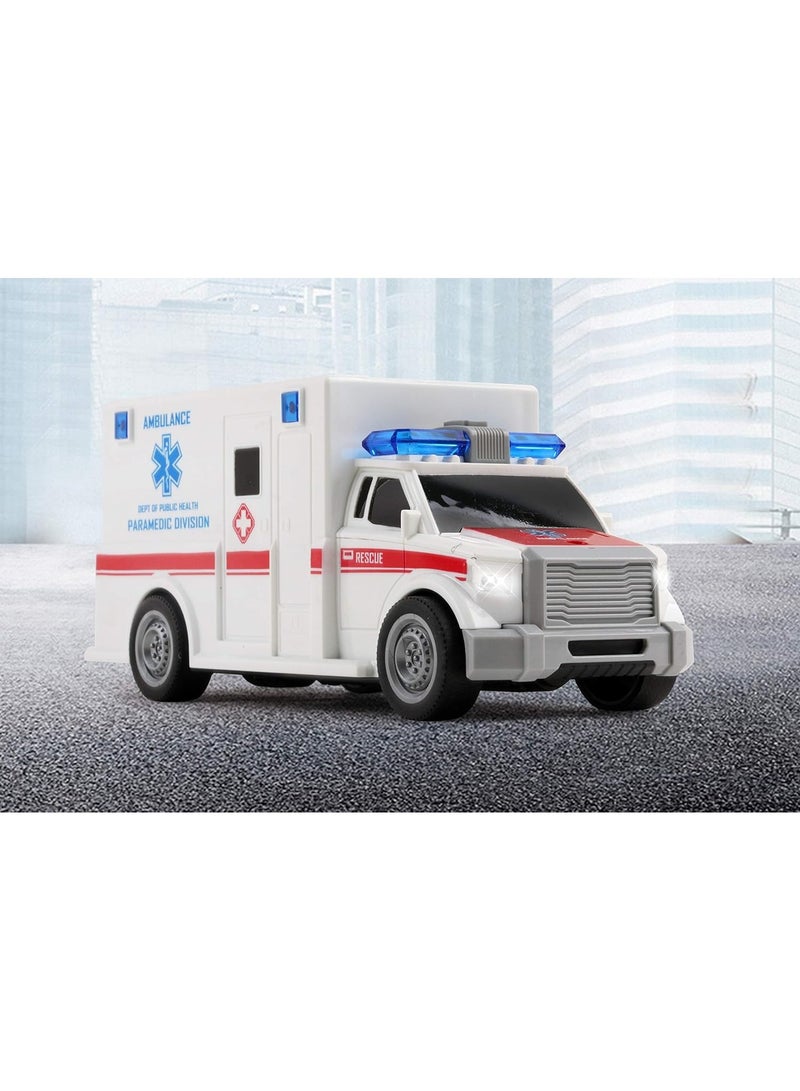 لعبة سيارة اسعاف انقاذ تعمل بالاحتكاك بمقياس 1:20 مع اضواء واصوات متينة للاطفال للنقل الطبي والطوارئ دفع وانطلاق للعب التظاهري هدية رائعة الاولاد والبنات ابيض - Image 3