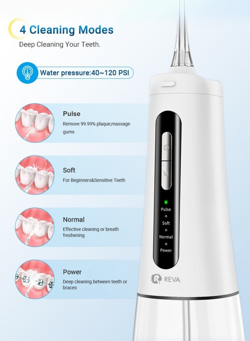 Reva Cordless Water Flosser For Teeth Cleaning Portable Oral Irrigator With 4 Modes Scalable 4 Jet Tips IPX7 Waterproof Long-lasting Dental Floss Pick Tool Kit 300ML-White - Image 2