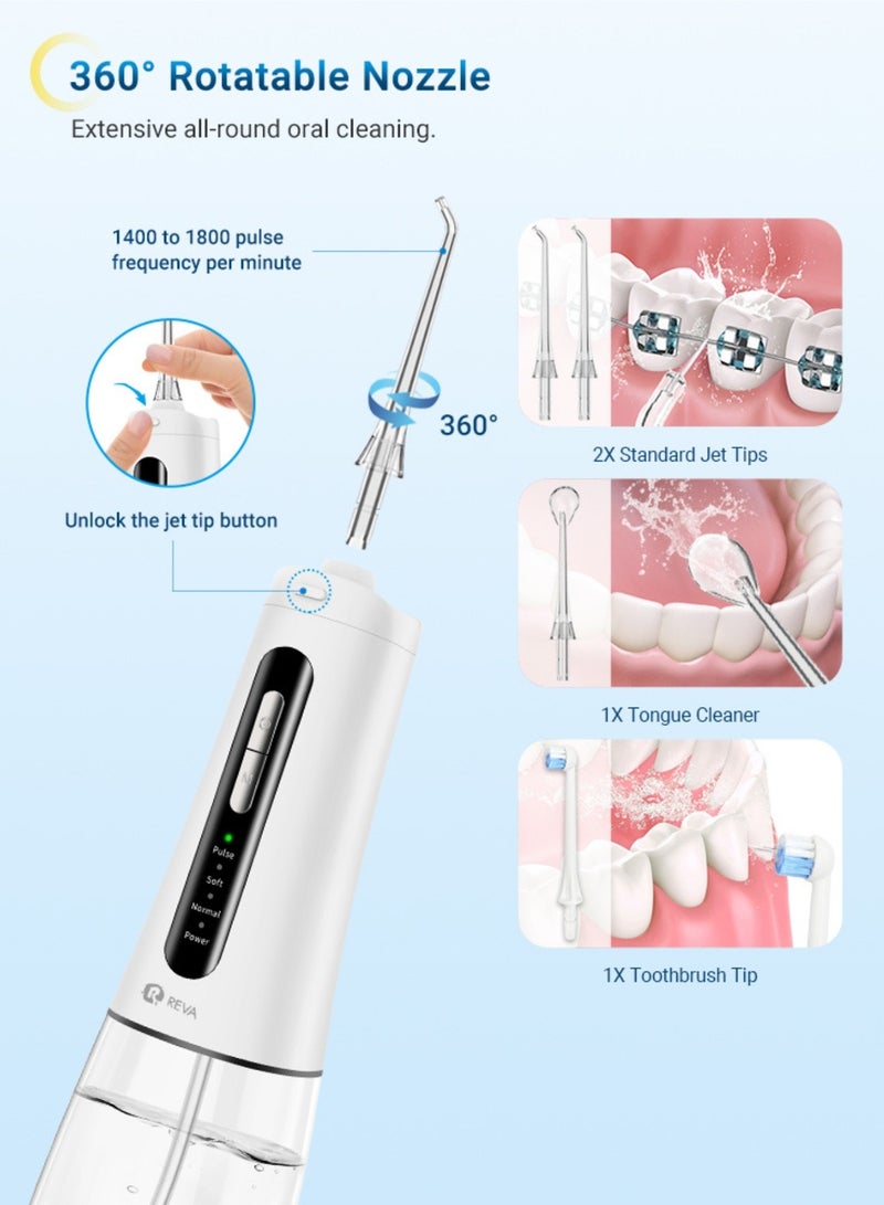 Reva Cordless Water Flosser For Teeth Cleaning Portable Oral Irrigator With 4 Modes Scalable 4 Jet Tips IPX7 Waterproof Long-lasting Dental Floss Pick Tool Kit 300ML-White - Image 3