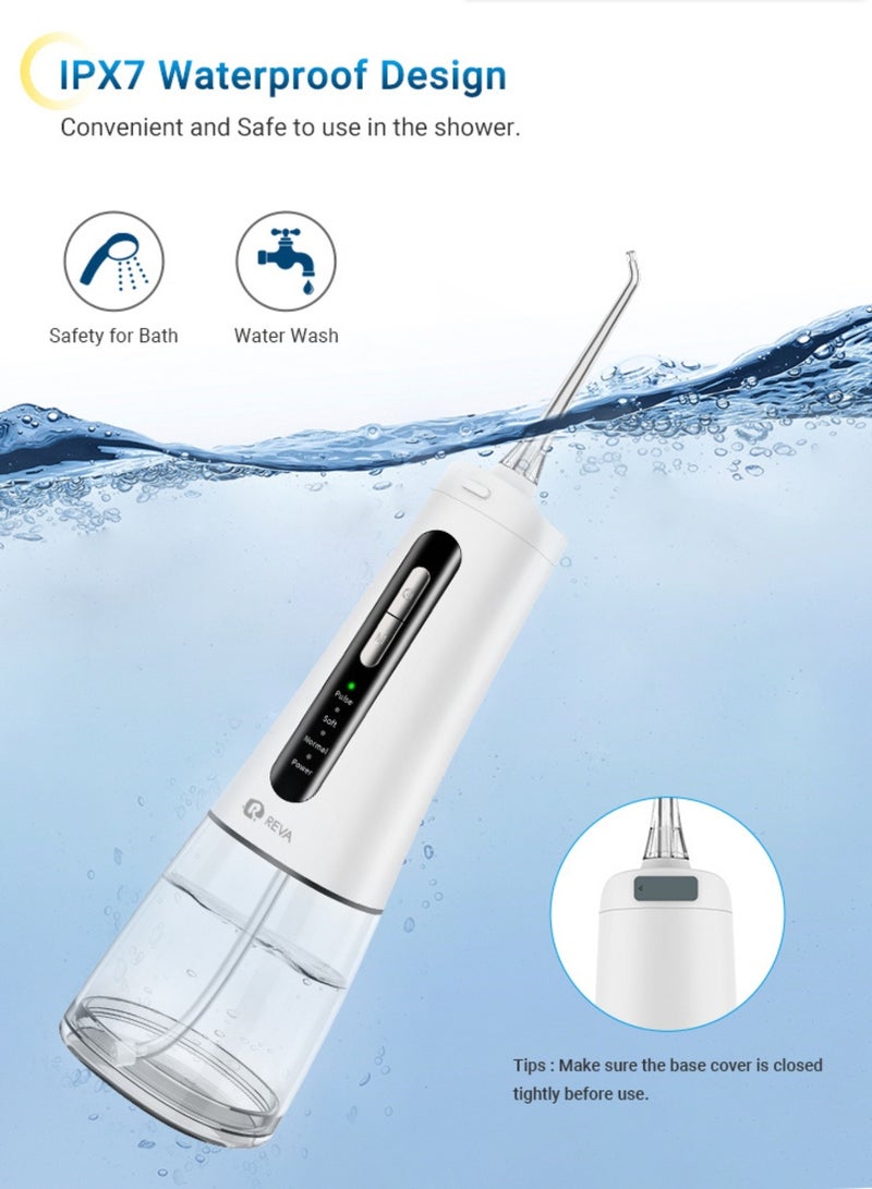 Reva Cordless Water Flosser For Teeth Cleaning Portable Oral Irrigator With 4 Modes Scalable 4 Jet Tips IPX7 Waterproof Long-lasting Dental Floss Pick Tool Kit 300ML-White - Image 4