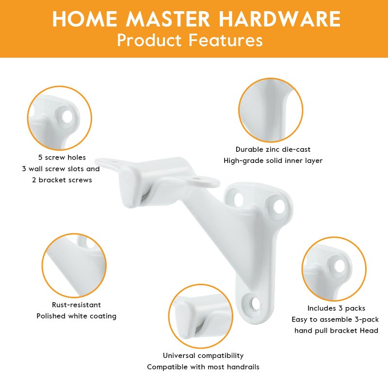 Home Master Hardware 3"" Handrail Brackets, 3 Pack White, Easy Install, Wall Mount, Zinc, Brushed Finish - Image 3