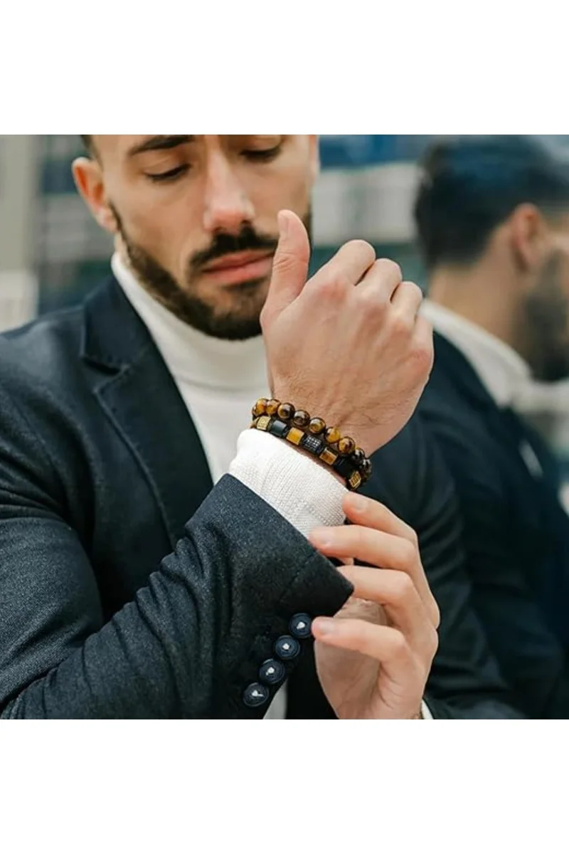لونورا خرز عين النمر سوار خرز من الحجر الطبيعي مصنوع يدويًا – سوار للرجال، سوار رجالي، هدية للرجال، أساور للرجال – قابل للتعديل بمقاس واحد للجميع