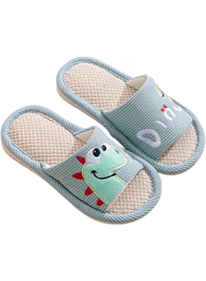GUDOO Kids Linen Slippers with Cartoon Dinosaurs, Soft Open Toe Indoor Slides for Toddler Girls & Boys, Comfortable Home Slippers Size 30-31 - Image 1