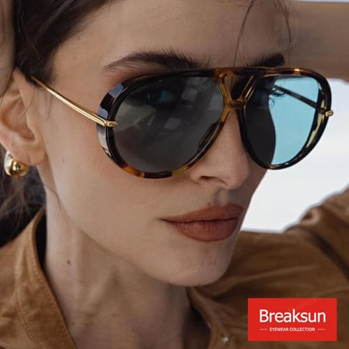 Breaksun Women's Oversized Aviator Sunglasses Retro Trendy Shield Sun Glasses Big Orange lens Vintage Shades (Tortoise/Green) - Image 2