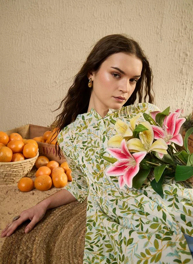 sanskrutihomes Sanskrutihomes Floral Print Mandarin Collar Pleated Shirt