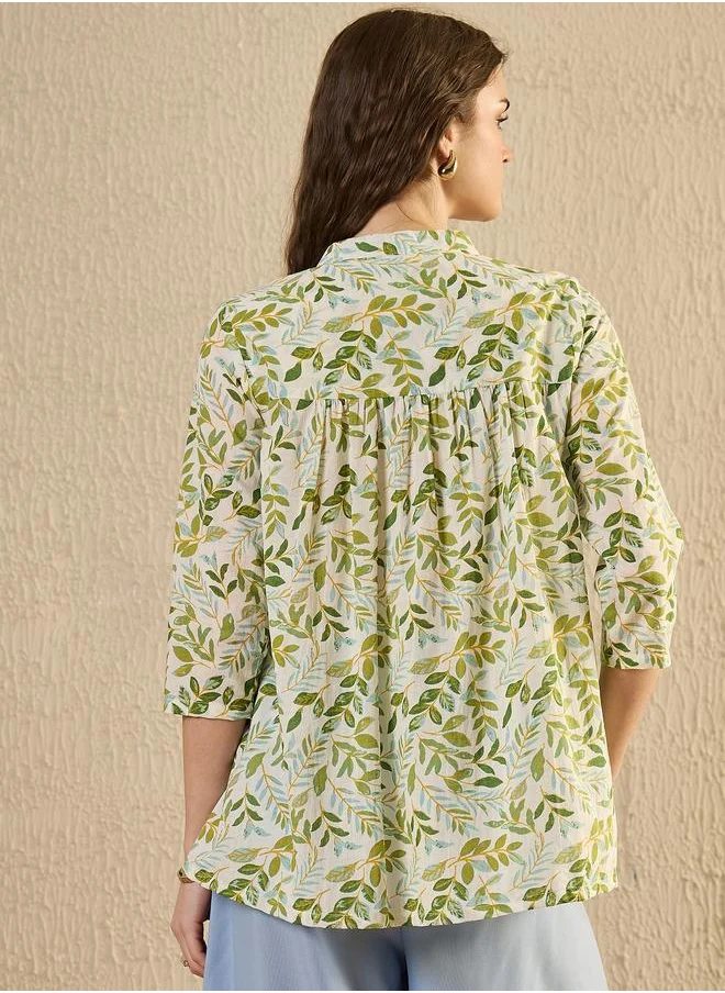 sanskrutihomes Sanskrutihomes Floral Print Mandarin Collar Pleated Shirt