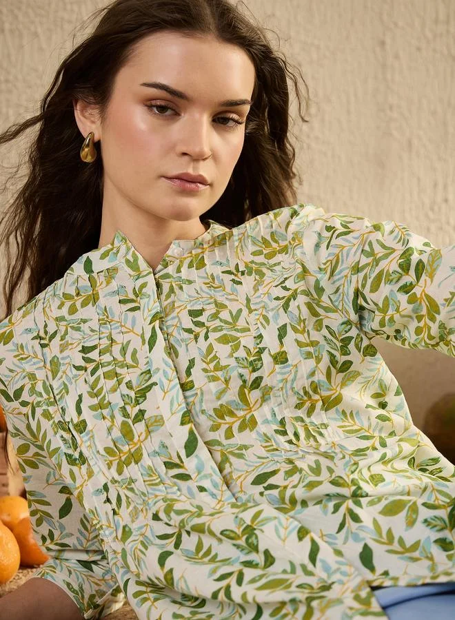 sanskrutihomes Sanskrutihomes Floral Print Mandarin Collar Pleated Shirt