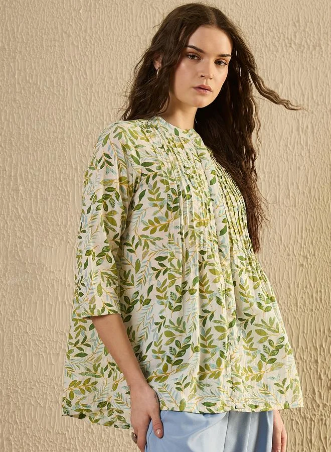 sanskrutihomes Sanskrutihomes Floral Print Mandarin Collar Pleated Shirt