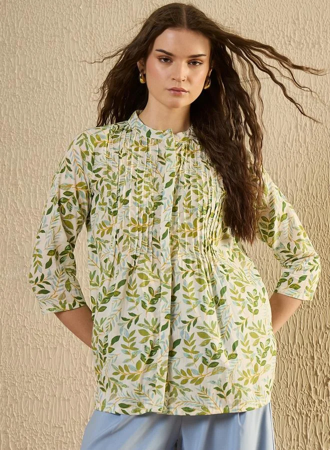 sanskrutihomes Sanskrutihomes Floral Print Mandarin Collar Pleated Shirt