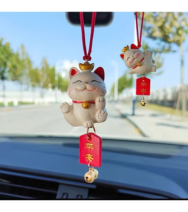 Sleeping Cat Car Charm Good Luck Pendant Resin Rearview Mirror Decor - Image 1