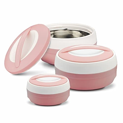 ASIAN Plastic Casserole Inner Stainless Steel Casserole Gift Set of 3 (600 ml, 1000 ml, 1500 ml), (Pestal Pink) | PU Insulated | BPA Free | Food Grade | Hot & Cold | Easy to Carry - Image 1