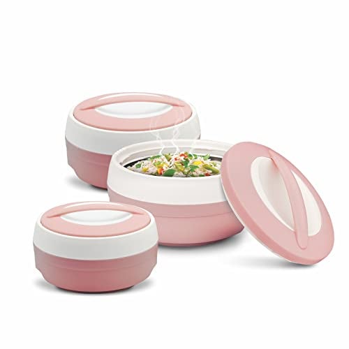 ASIAN Plastic Casserole Inner Stainless Steel Casserole Gift Set of 3 (600 ml, 1000 ml, 1500 ml), (Pestal Pink) | PU Insulated | BPA Free | Food Grade | Hot & Cold | Easy to Carry - Image 2