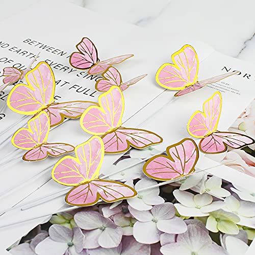 Hazyore Pink Butterfly Cake Toppers, 11pcs Cupcake Toppers Happy Birthday Metal Gold Topper for Girls Women's Party Decorations - Image 3