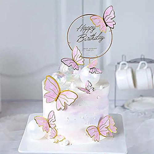 Hazyore Pink Butterfly Cake Toppers, 11pcs Cupcake Toppers Happy Birthday Metal Gold Topper for Girls Women's Party Decorations - Image 5