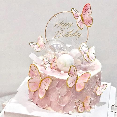 Hazyore Pink Butterfly Cake Toppers, 11pcs Cupcake Toppers Happy Birthday Metal Gold Topper for Girls Women's Party Decorations - Image 1