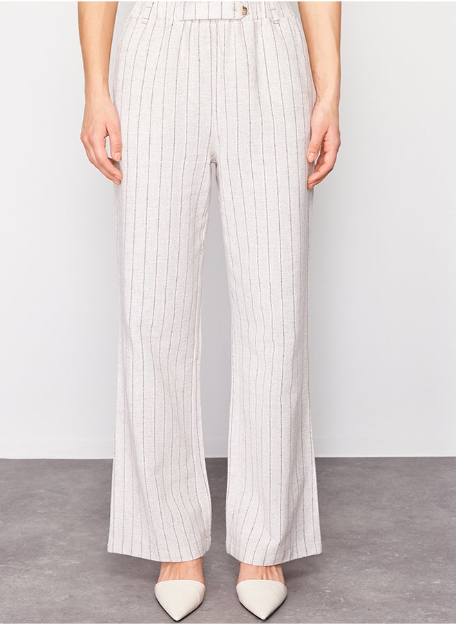 trendyol Beige Striped Elastic Waist Pocket Straight Cut Cotton Linen Woven Trousers TWOSS24PL00055  - Image 5