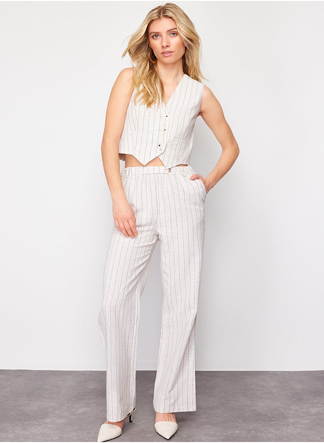 trendyol Beige Striped Elastic Waist Pocket Straight Cut Cotton Linen Woven Trousers TWOSS24PL00055  - Image 3