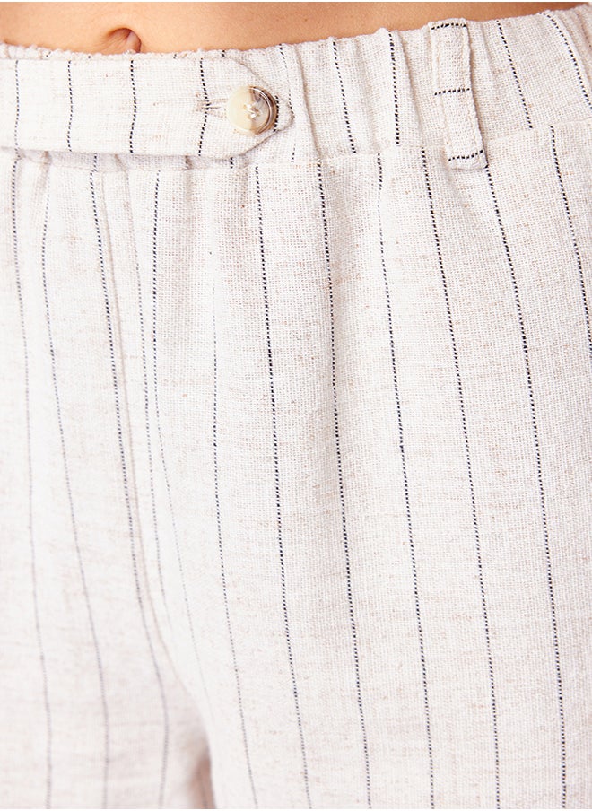 trendyol - Beige Striped Elastic Waist Pocket Straight Cut Cotton Linen Woven Trousers TWOSS24PL00055 - Image 1