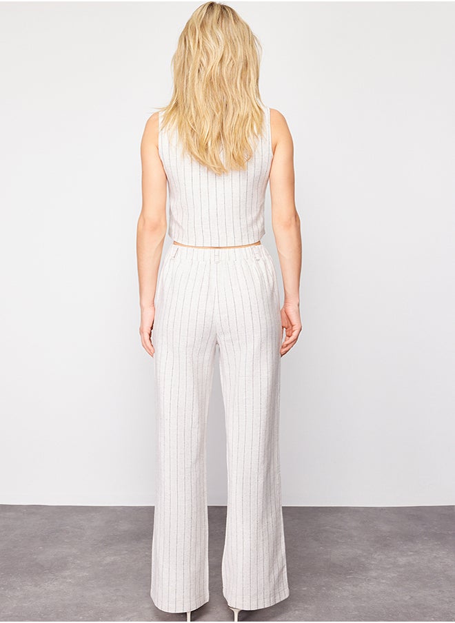 trendyol - Beige Striped Elastic Waist Pocket Straight Cut Cotton Linen Woven Trousers TWOSS24PL00055 - Image 1