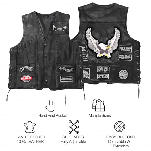 XINMALL Motorcycle Genuine Leather Biker Vest for Men Club Style Classic Black With Patches (US, Alpha, XX-Large, Regular, Regular, Black) - Image 4