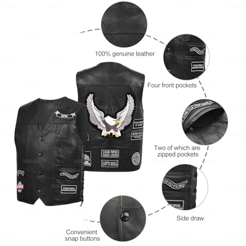 XINMALL Motorcycle Genuine Leather Biker Vest for Men Club Style Classic Black With Patches (US, Alpha, XX-Large, Regular, Regular, Black) - Image 3