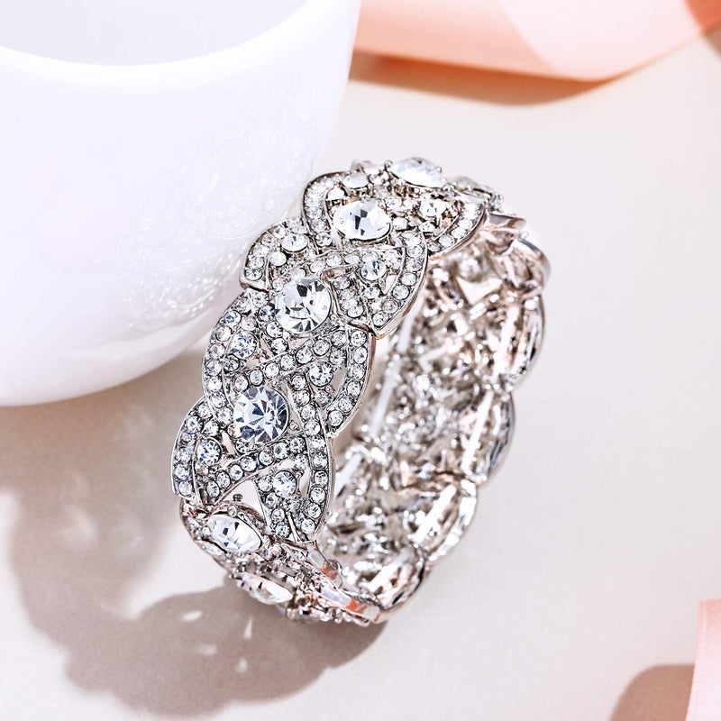 EVER FAITH Austrian Crystal Costume Jewelry Art Deco Elastic Stretch Bracelet Clear Silver-Tone - Image 2